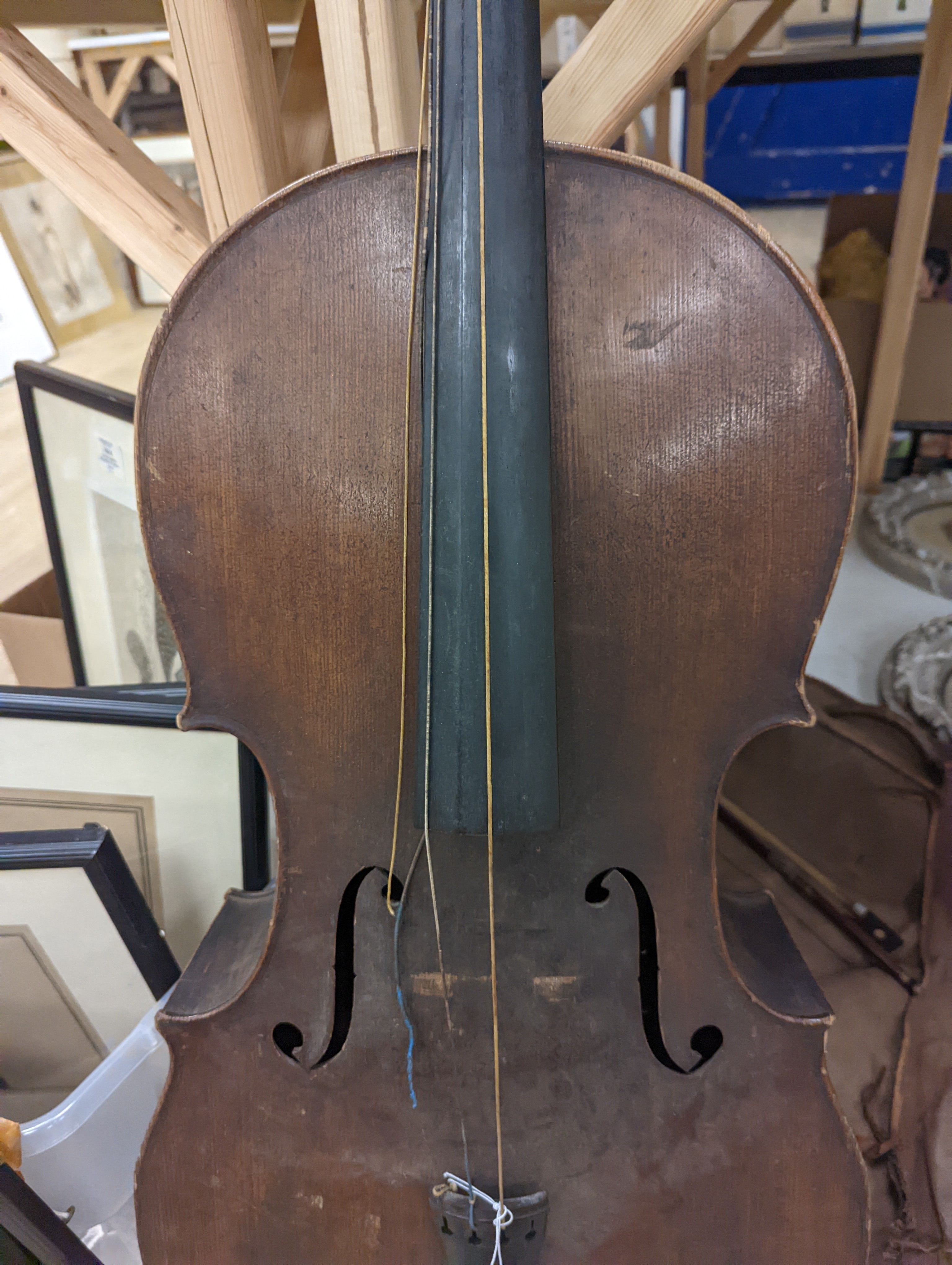 A late 19th century French cello, lob 75.5cm, canvas case with bow